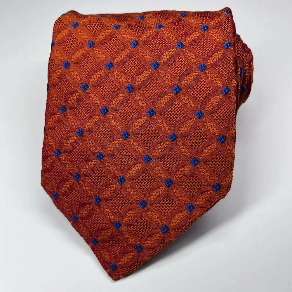 The‎ Player Silk Men's Necktie Orange Jacquard Geometric Blue Diamonds Italy